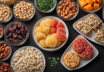 Colorful Indian Sweets and Snacks Displayed in Jars with Nuts, Dried Fruits, and Fresh Ingredients on a Dark Background