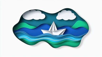 Sailing paper boat adventure tranquil waters digital art scenic landscape above view imagination and creativity