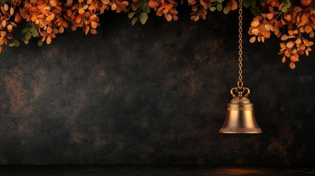 A golden bell hangs from a chain against a dark background adorned with autumnal foliage.  The image evokes a sense of mystery and tranquility.