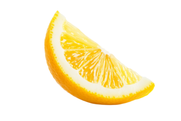 Slice of lemon is shown on a white background, isolated