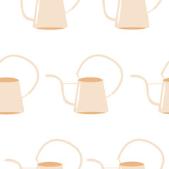 seamless pattern with watering cans, namely a yellow watering can with a long, curved spout on a white background, for packaging or textile