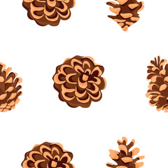 seamless pattern with various forest cones on white background, for packaging or textile