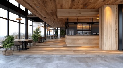 Modern restaurant interior with wooden accents and large windows offering scenic views.