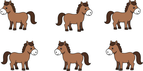 Fototapeta premium Cute brown horses in different poses showcasing flat vector illustration style vector art