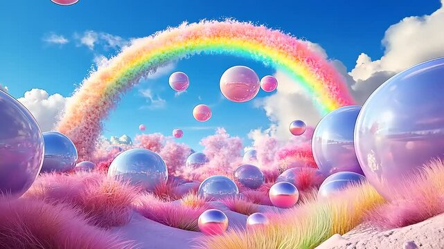 Dreamy landscape featuring pink fluffy trees and large translucent bubbles under a vibrant rainbow