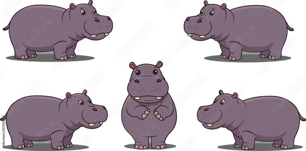 Poster hippo character evolution in playful poses with minimal style vector art