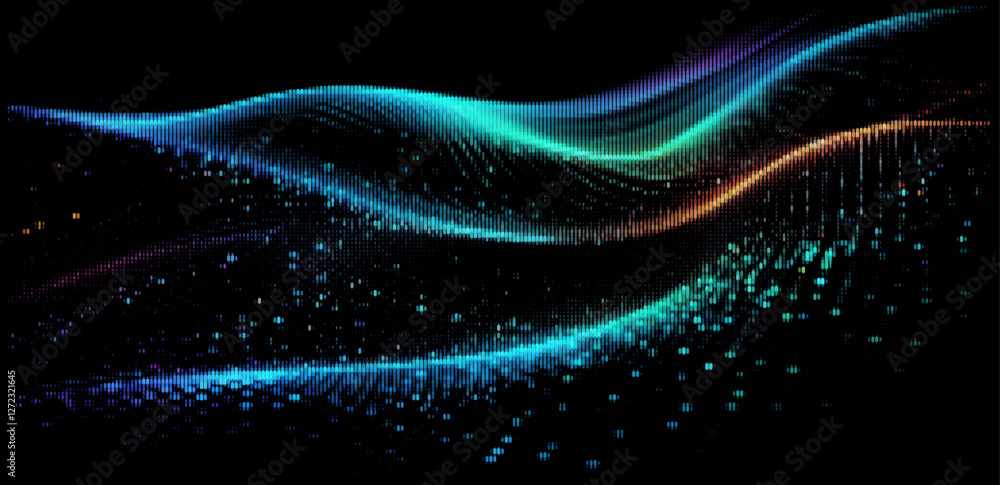 Poster vector illustration features graceful, multicolored waves of particles flowing smoothly on a black b