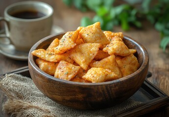 Crispy Delicious Snack in a Wooden Bowl with Fresh Herbs and a Cup of Coffee in the Background, Perfect for Entertaining or Casual Enjoyment