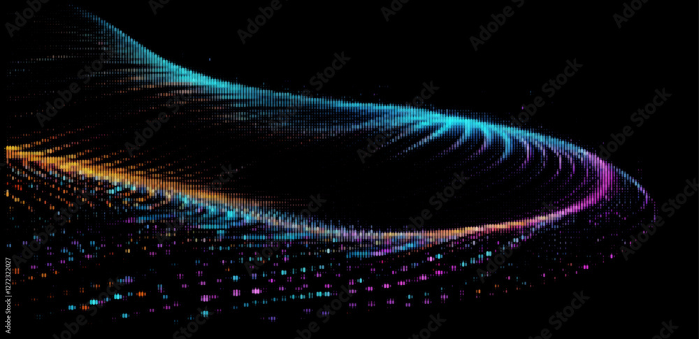 Poster vector illustration features graceful, multicolored waves of particles flowing smoothly on a black b