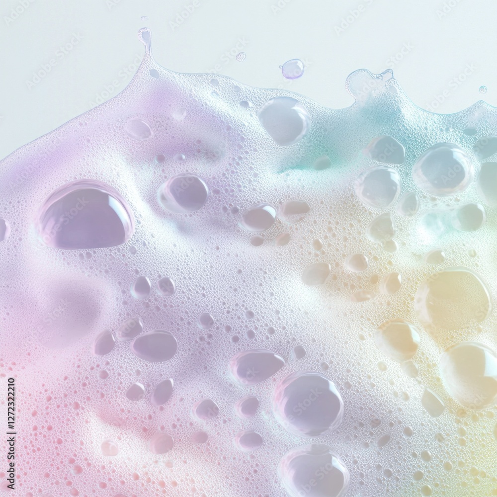 Aufkleber A mesmerizing display of colorful soap foam fills the frame, showcasing an array of iridescent bubbles that dance and blend in soft pastel hues. The light creates an ethereal atmosphere