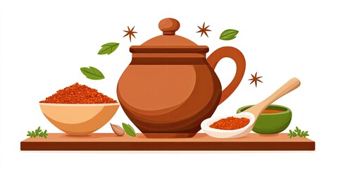 Aromatic spices in rustic earthenware pottery and wooden spoon