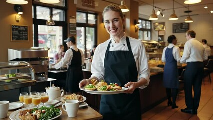 Smiling Waitress Serving Delicious Breakfast in a Cafe