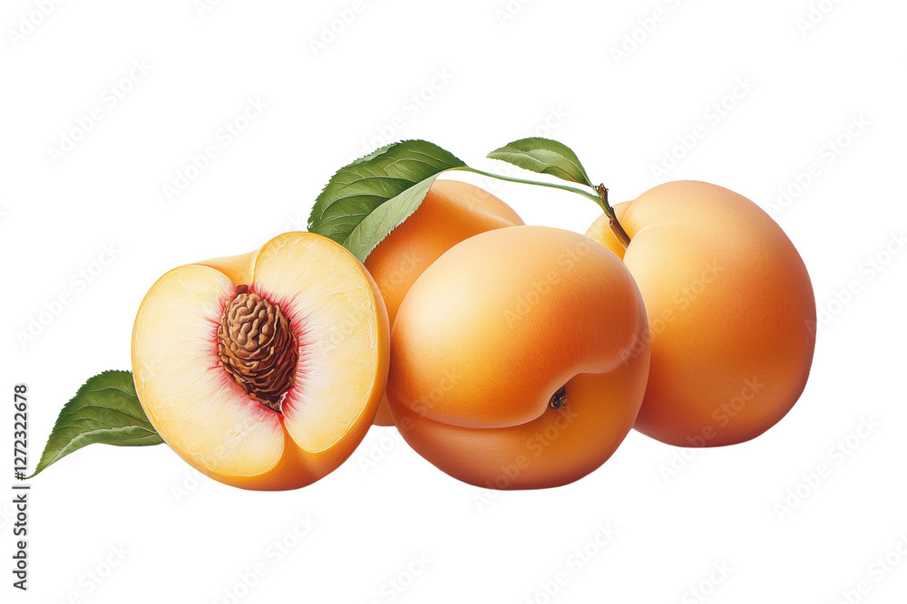 Poster close up of a peach with a slice missing, isolated