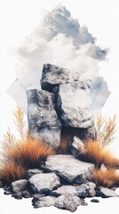 Majestic grey rocks, surrounded by golden grasses, stand tall against a dramatic cloudy sky. A serene and powerful image.