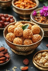 Delicious and Nutritious Indian Sweets with Sesame Seeds and Nuts in Ornate Bowls on Dark Background