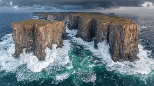 Dramatic Sea Cliffs of Eshaness, Shetland Islands with Crashing Waves and Moody Sky - High Resolution Coastal Landscape Photography for Nature and Travel Enthusiasts