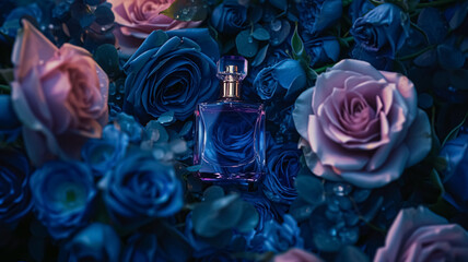 Perfume bottle in flowers, fragrance on blooming background, floral scent and cosmetic product idea