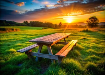 Naklejka premium Low Light Picnic Table End, Dusk Shadows, Rural Setting, Summer Evening