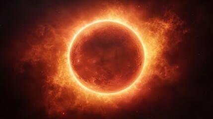 Fototapeta premium A stunning representation of a solar eclipse with vivid orange flames around the sun.