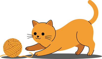 Playful orange cat interacting with a yarn ball in flat vector illustration
