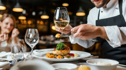Obraz premium A man is serving food to a woman at a restaurant
