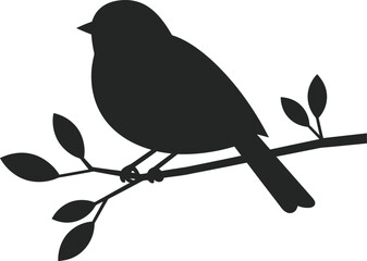 Bird sitting on a branch with leaves in minimal vector art