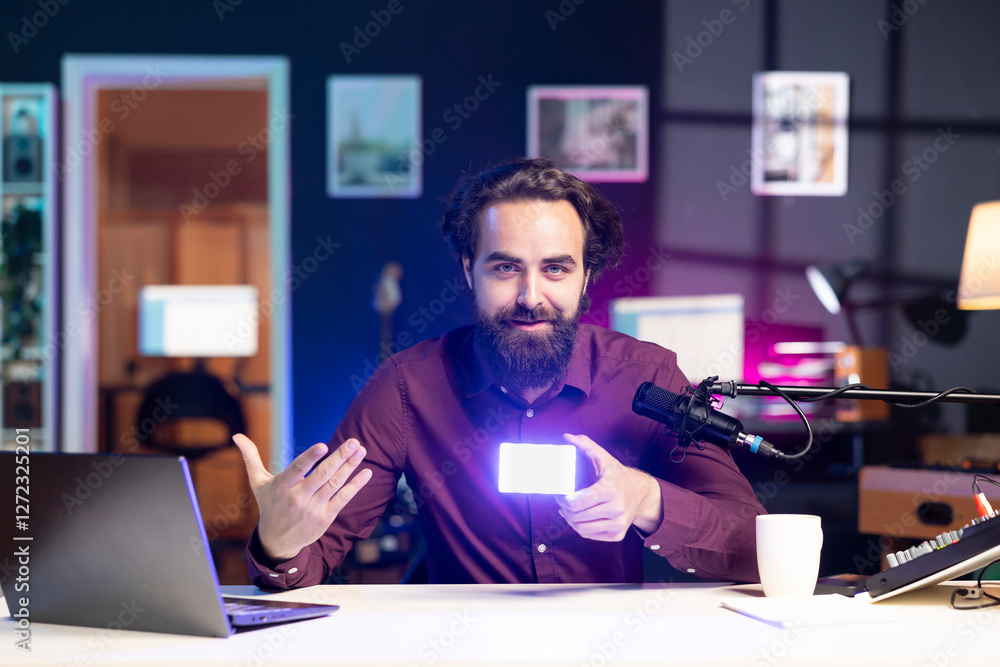 Poster portrait of happy reviewer discussing with viewers about mini led lights during live broadcast on in