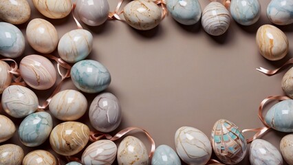 Obraz premium A border of marble Easter eggs, with shimmering ribbons among them. The center remains empty, leaving space for text. The background is taupe