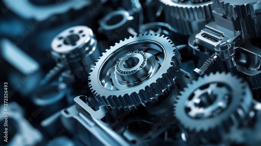 Poster A close up of a bunch of gears, with one of them being the largest