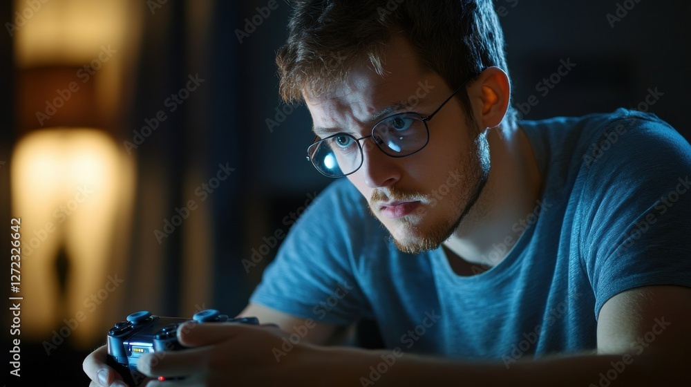 Poster A man is playing a video game with a controller