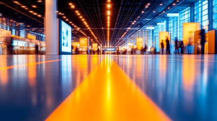 Fototapeta premium A vibrant, bustling indoor space with warm and cool lighting, showcasing blurred figures of people moving through a modern hall.
