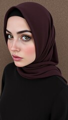 Naklejka premium Portrait of a Young Middle-Eastern Woman in a Dark Hijab, Displaying Intricate Makeup Against a Textured Background