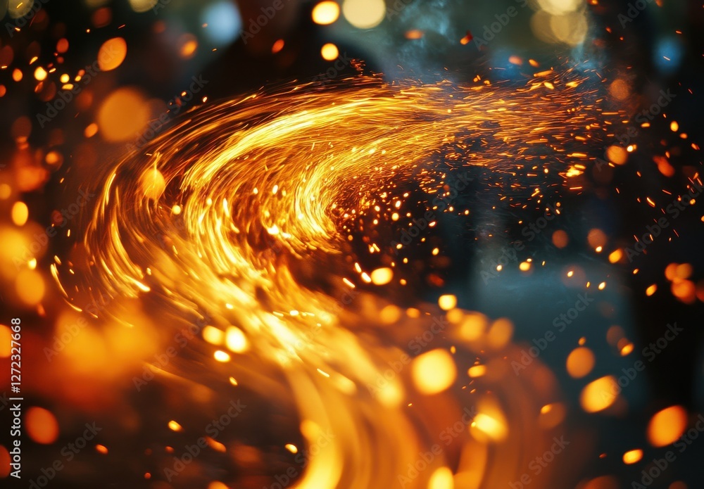 Poster Dynamic Stream of Flying Sparks Creating a Mesmerizing Light Display Against a Blurred Background in a Nighttime Setting