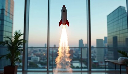 Igniting Innovation: A glowing rocket ship launches from a digital tablet, symbolizing the transformative power of technology and entrepreneurship in the digital age. Startup concept