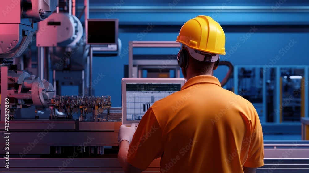 Aufkleber a man in a yellow shirt is working on a computer in a factory