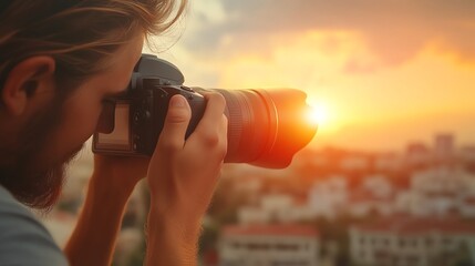 Fototapeta premium A photographer captures a stunning sunset over a cityscape, showcasing the art of photography against a vibrant sky.