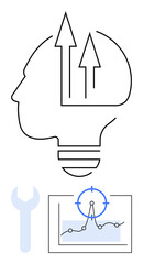 Human head with upward arrows symbolizes growth and ideas, wrench for tools and repair, graph with compass for analytics and planning. Ideal for innovation, strategy, growth, problem-solving
