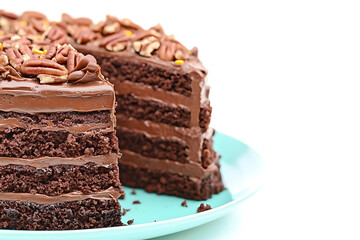 Chocolate layered cake with pecans a slice cut out displayed on a light blue plate against a white background.