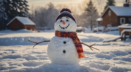 Obraz premium A cheerful snowman with a carrot nose, button eyes, and a plaid scarf stands in a snowy landscape with cabins and trees in the background, bathed in sunlight