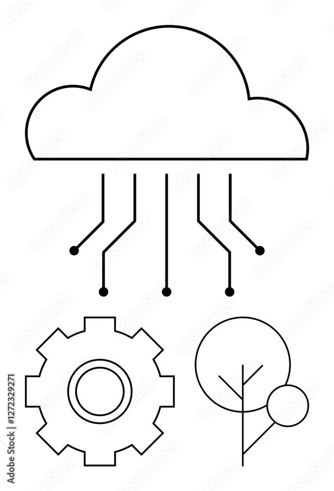 Poster cloud network with lines connecting to a gear and abstract trees, representing tech integration, ind