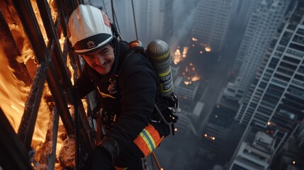 Fototapeta premium A firefighter is seen on a building with a fire raging below