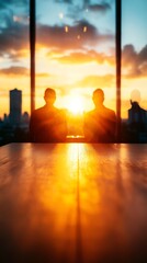 Two silhouetted businessmen watch the sunset from a high-rise office.