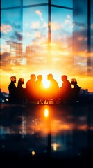 Silhouetted group of diverse people in discussion during a vibrant sunset.