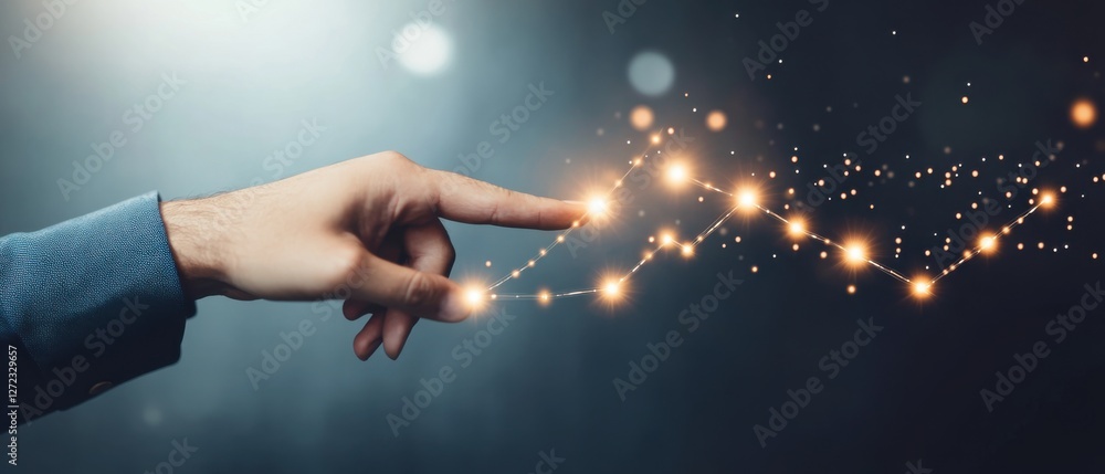 Poster mans hand touching digital network connection lines and dots on dark background concepts of technolo