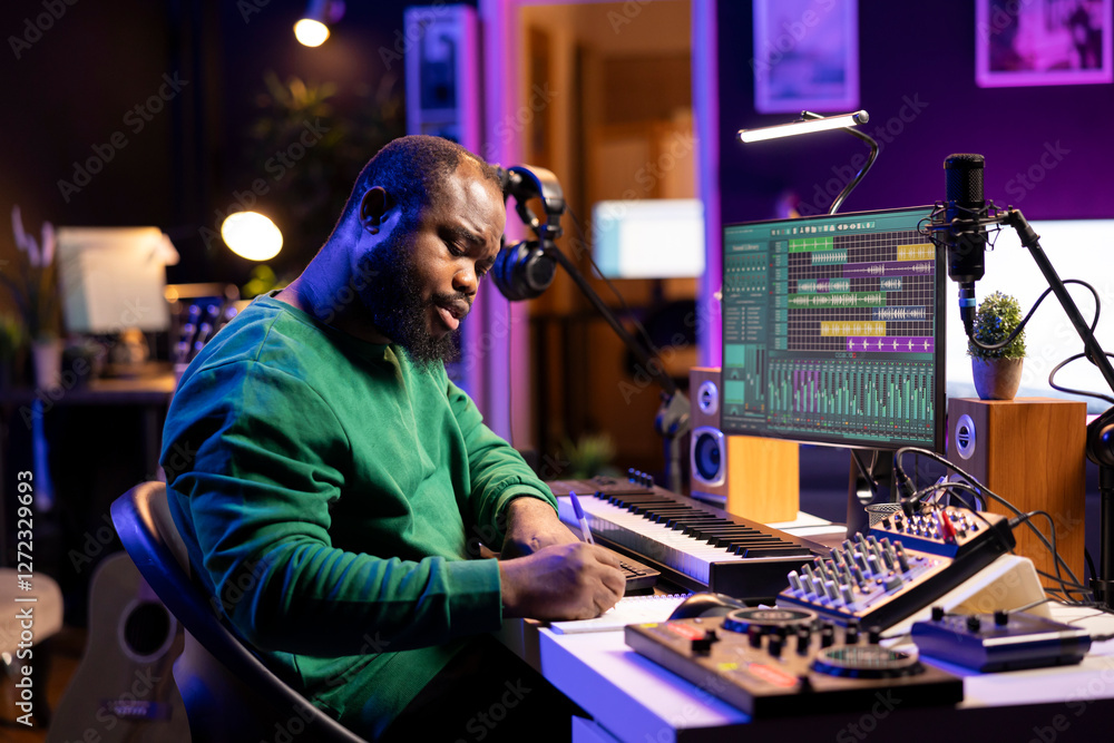 Leinwandbilder talented artist composing new lyrics for his tracks and recording music with audio devices in his ho