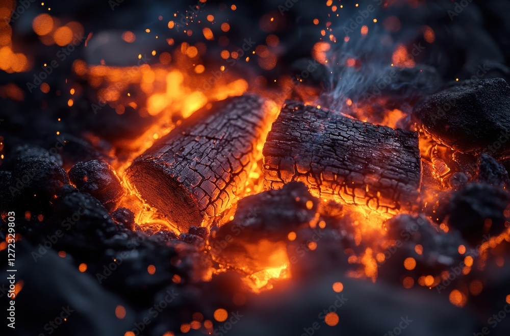 Poster glowing charcoal embers and smoldering ashes creating a fiery scene in a dark surrounding highlighti