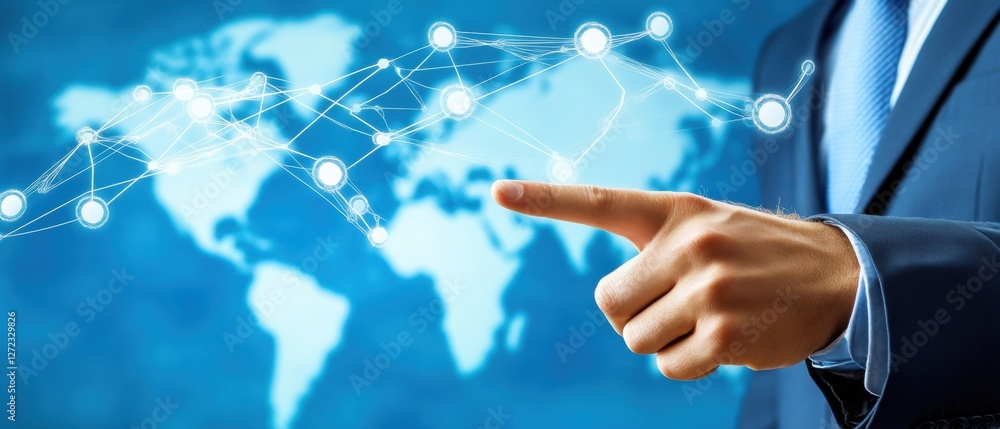Poster businessman pointing at global network connection on world map background concept of global business