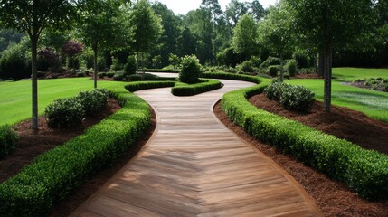 Serene garden path winds through lush greenery.  A wooden walkway meanders amidst manicured hedges.