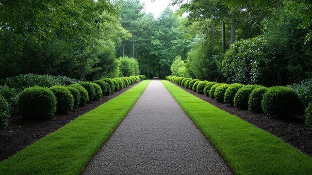 Serene pathway lined with meticulously manicured hedges and lush green grass. Tranquil garden scene.