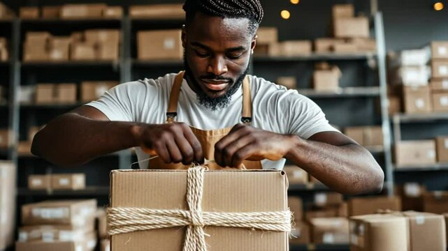 A young man ties a string around a neatly wrapped package in a spacious workspace surrounded by stacked cardboard boxes. It showcases his focus and attention to detail